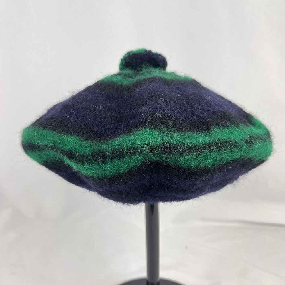 Vintage Scottish Wool Beret Green Navy Blue Black Watch Tartan Cottagecore